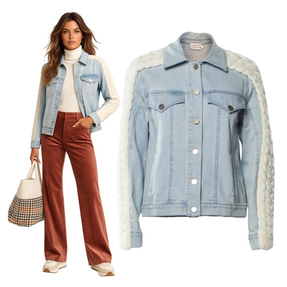 $495 TANYA TAYLOR Percy Denim Jacket with Cable-Knit Trim Sz S - Picture 1 of 11